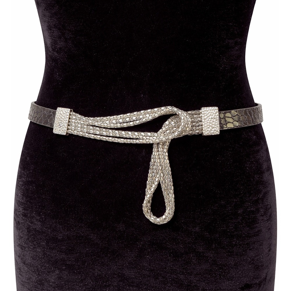 Lake Shore Drive Womens Liquid Silver Fashion Belt Sz ML Black Textured Leather